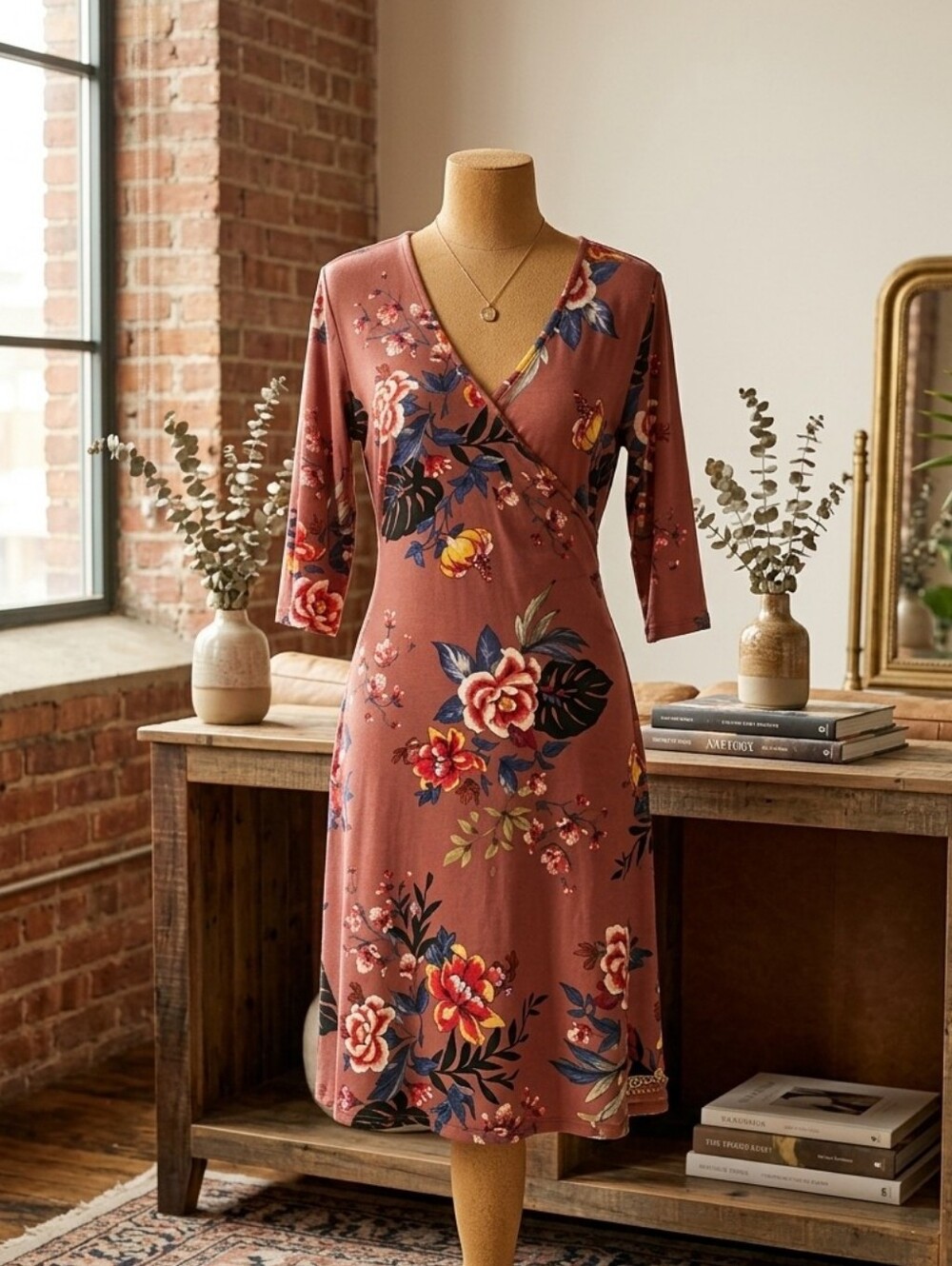 French Laundry Dusk Rose Pink Floral Faux Wrap V-neck Midi Dress NWT NEW!